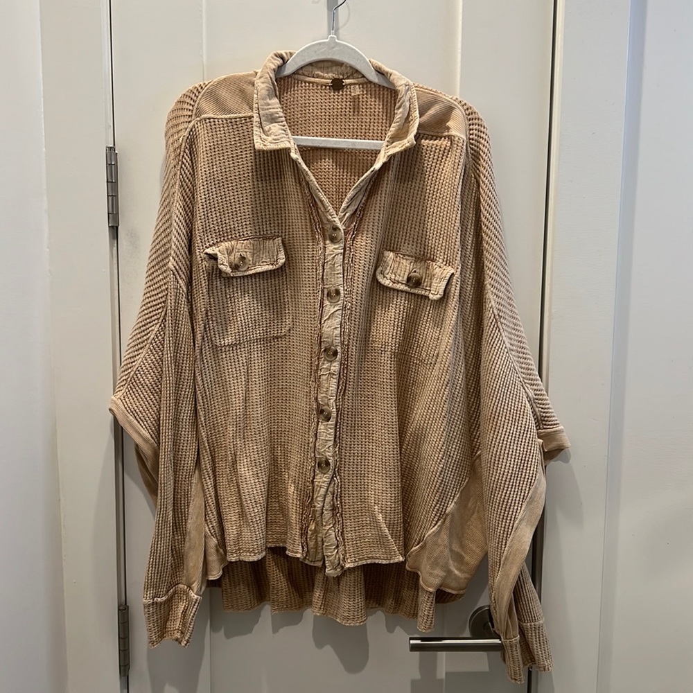 free people waffle knit shirt tan M